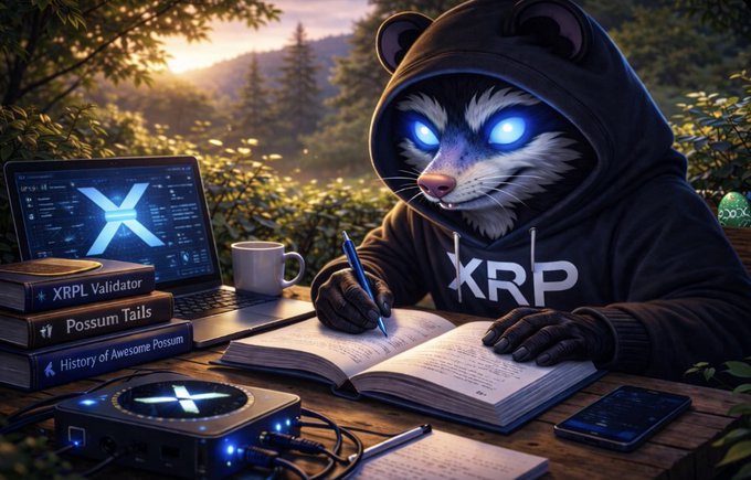 An AI-generated image of a raccoon in a black 'XRP' hoodie writing in a notebook, with a laptop showing the XRP logo and books titled 'XRP Validator', 'Possum Tails', and 'History of Awesome Possum' nearby.