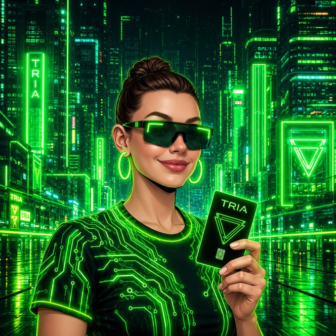 A digital illustration of a woman wearing glowing green visors and a circuit-patterned shirt, holding a 'TRIA' branded card against a neon green cyberpunk cityscape background.