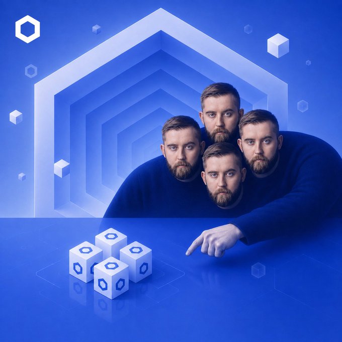 The visual shows multiple copies of the same bearded man clustered together, all wearing blue sweaters and pointing toward white cubes branded with Chainlink's hexagonal logo, set against a blue background with a repeating hexagon motif. The composition reinforces the post's "Chainlink is Inevitable $LINK" theme by visually echoing the idea of inescapable repetition—Link's logo appears everywhere you look, just as the men multiply and converge on the branded cubes.