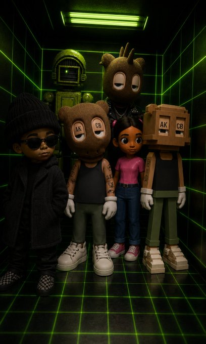 Four stylized characters—a figure in a black beanie and sunglasses, a brown bear-headed figure with "AK" and "CB" on its eyes, a girl in pink, and a cardboard box-headed robot marked "AK CB"—pose together in a neon green-lit grid room with a jukebox in the background, embodying the post's "Leveling Up Our Elevated Space" theme tied to the #AKCB #DCL #REBELS community aesthetic.
