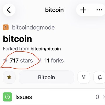 A GitHub repository page for 'bitcoin' by bitcoindogmode, forked from bitcoin/bitcoin, showing 717 stars (circled in red) and 11 forks.