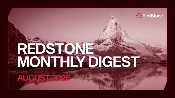 A cover graphic for the 'RedStone Monthly Digest' for August 2026, featuring a pink-tinted mountain landscape with a reflective lake and the RedStone logo in the upper right.