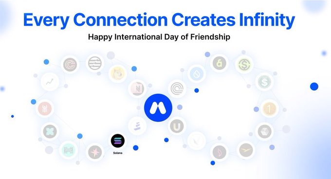A celebratory graphic titled 'Every Connection Creates Infinity' for International Day of Friendship, featuring the Axie Infinity logo surrounded by various cryptocurrency and token icons.