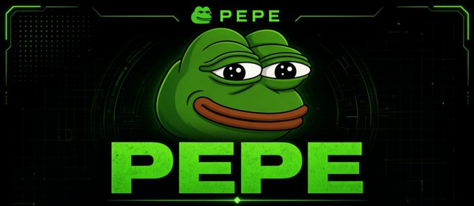 A digital graphic of the Pepe the Frog meme with glowing green 'PEPE' text displayed above and below the character on a dark background.