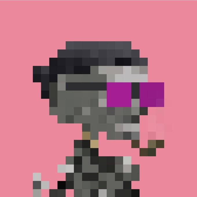 A pixel art character wearing sunglasses with purple lenses, a black cap, and smoking a cigarette against a pink background.