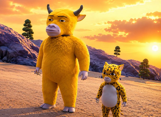 A 3D rendered scene of two furry mascot characters—a large yellow bull and a smaller spotted leopard—standing in a sandy landscape at sunset.