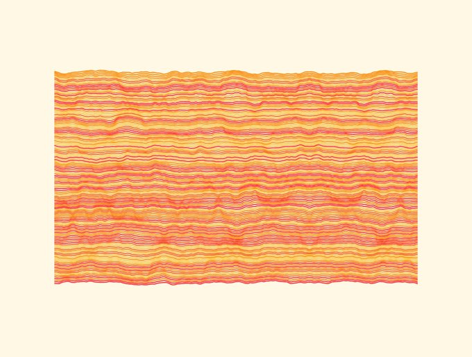 An abstract artwork consisting of horizontal wavy lines in warm colors like orange, red, pink, and yellow, displayed on a white background.