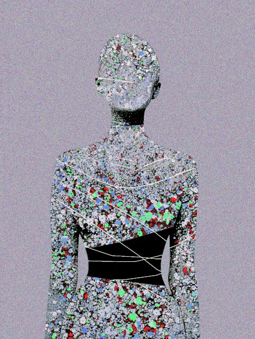 The image features a woman's torso covered in small pieces of fabric or beads, giving her an artistic and unique appearance. The background appears to be purple, which complements the overall color scheme of the image. The photo has been edited with a grainy texture, adding a vintage feel to it. The caption "Pretty Package 6/10" suggests that this image is part of a collection or series on @objktcom.