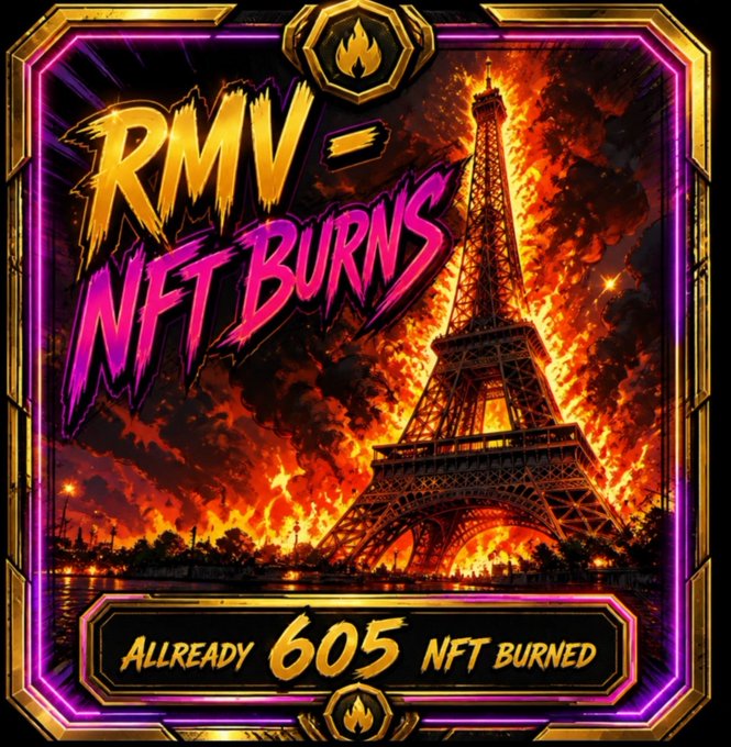 A neon-framed promotional graphic titled "RMV - NFT Burns" depicts the Eiffel Tower engulfed in flames against a fiery backdrop. The bottom banner reads "ALLREADY 605 NFT BURNED," with the post noting that since this NFT burn feature launched, over 1,600 NFTs have been burned, and the user is optimistic about the $RMV token's potential performance like $AKE in an upcoming $BTC bull run.