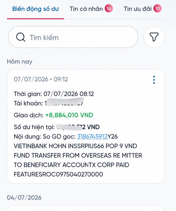Vietnamese-language mobile banking screenshot (Biến động số dư) showing a VietinBank transaction on 07/07/2026 for +8,884,010 VND described as an overseas remittance ('FUND TRANSFER FROM OVERSEAS REMITTER TO BENEFICIARY ACCOUNT').