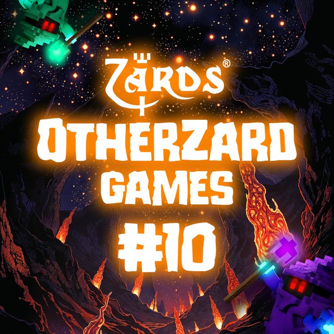 Vibrant game artwork for 'Zärdos Otherzard Games #10' with stylized white text over a volcanic landscape featuring pixel-art alien creatures and lava flows.