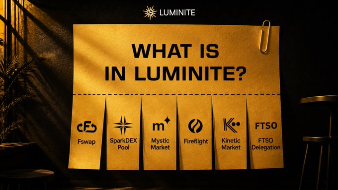 A promotional graphic titled 'WHAT IS IN LUMINITE?' displaying six features: Fswap, SparkDEX Pool, Mystic Market, Fireflight, Kinetic Market, and FTSO Delegation, presented as hanging tabs on a paper design.