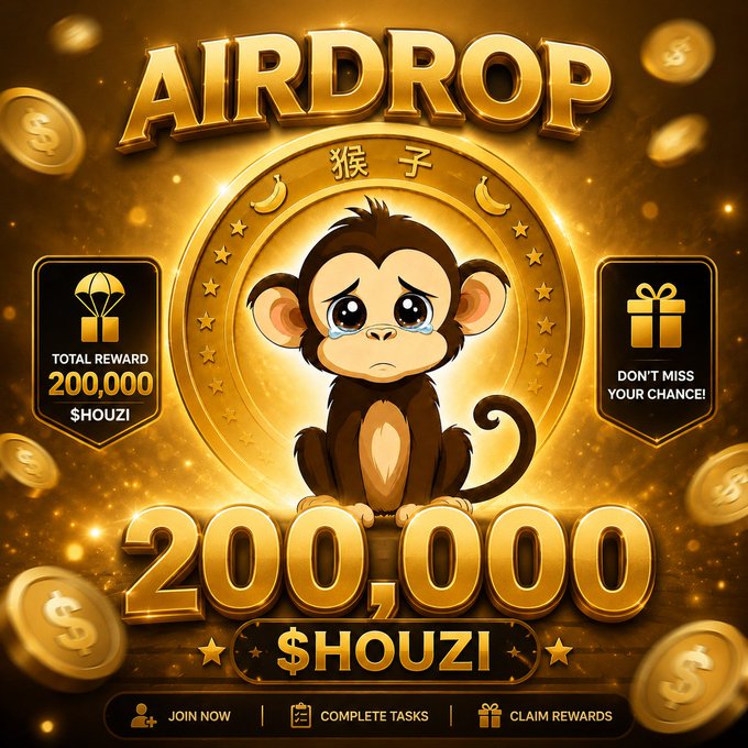 A promotional airdrop graphic featuring a sad cartoon monkey surrounded by golden coins, advertising a total reward of "200,000 $HOUZI" with calls to "JOIN NOW," "COMPLETE TASKS," and "CLAIM REWARDS," directly matching the post's offer for participants to receive 200,000 $HOUZI tokens by following, liking, and reposting.