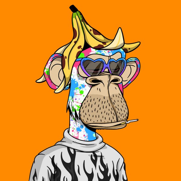 Digital illustration of a Bored Ape-style NFT character wearing heart-shaped sunglasses, a banana peel on its head, smoking a cigarette, and wearing a grey shirt with black flame designs against an orange background.
