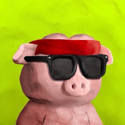A pink piggy bank wearing black sunglasses and a red headband against a bright green wavy background, a classic internet meme image.