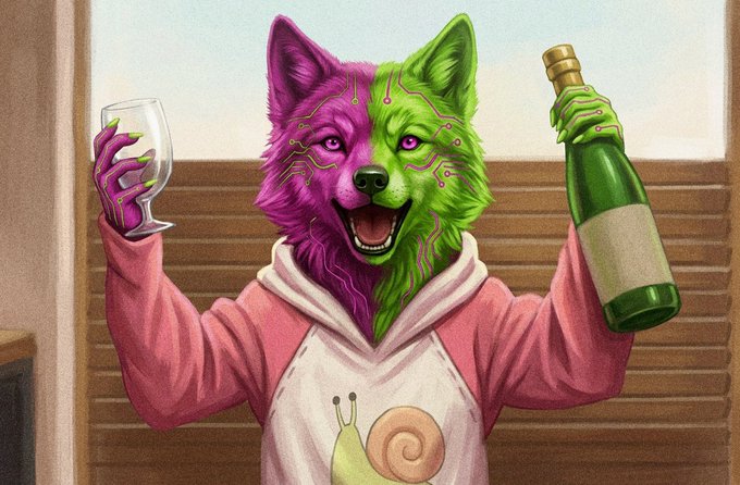 A digital illustration of an anthropomorphic fox/dog character with split pink and green coloring, wearing a pink hoodie with a snail design, holding a wine glass and a bottle.