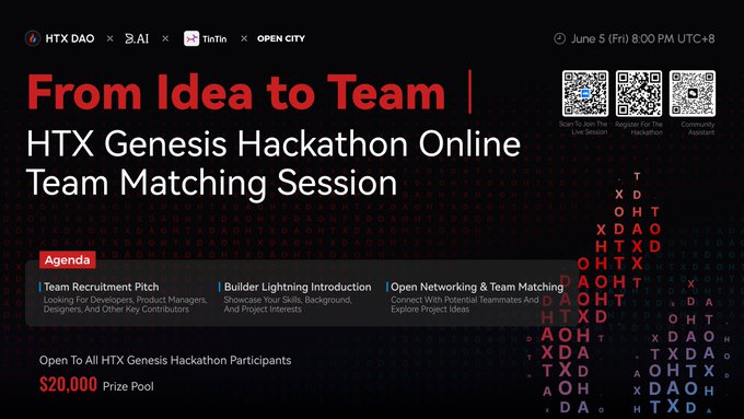 The image features a promotional poster with text that reads "From Idea To Team" and includes a logo of a lightning bolt. The poster offers an opportunity for people interested in Hackathons or AI / Web3 initiatives to join forces and work together on projects, as indicated by the bullet points in the caption below it.