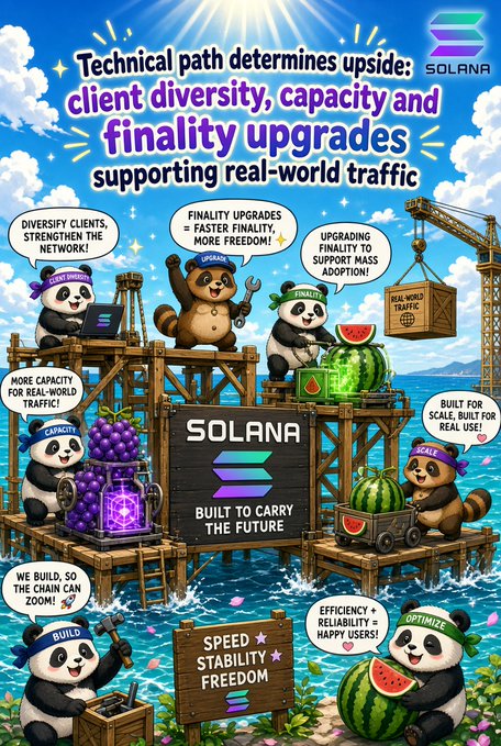 A promotional illustration featuring cartoon pandas working on a construction site over water, with text stating 'Technical path determines upside: client diversity, capacity and finality upgrades supporting real-world traffic' for 'SOLANA'.