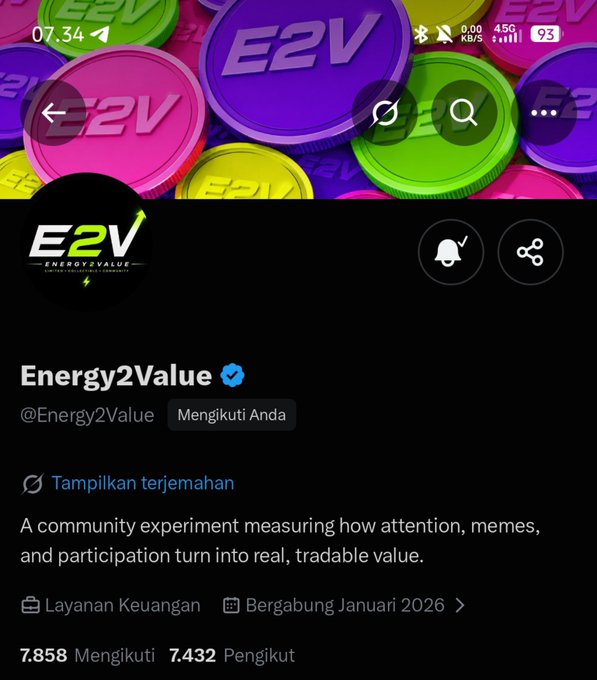 The Twitter/X profile page for Energy2Value (@Energy2Value), a verified community experiment measuring how attention, memes, and participation turn into real, tradable value, with 7,858 following and 7,432 followers.