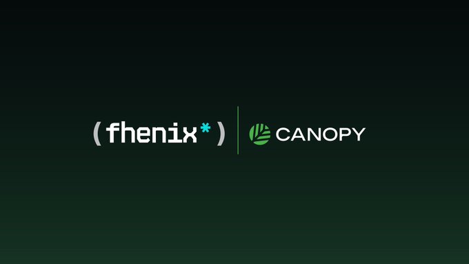 A dark background displays two logos side by side: '(fhenix*)' on the left and 'CANOPY' on the right.