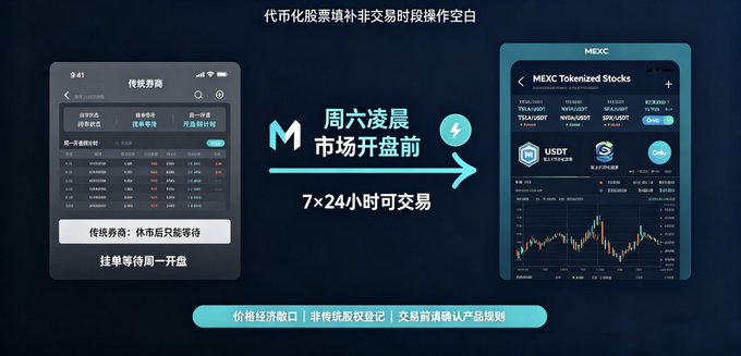 A MEXC exchange promotional graphic comparing traditional stock trading (showing Saturday morning pre-market) with MEXC's tokenized stocks offering 7x24 trading capability.