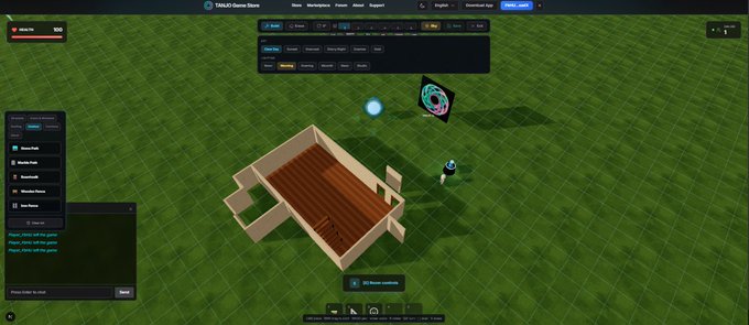 A screenshot of the TALGO Game Store's 3D world building interface showing a wooden structure being edited on a grass grid, with menus for desks, chairs, wardrobes, and control options visible.