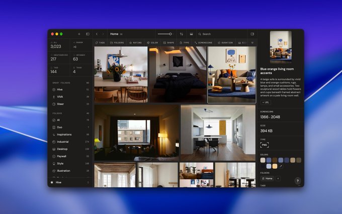 A dark-themed image gallery or digital asset management application showing a collection of living room interior design photos with a sidebar of folders and file details like 'Blue orange living room accents'.
