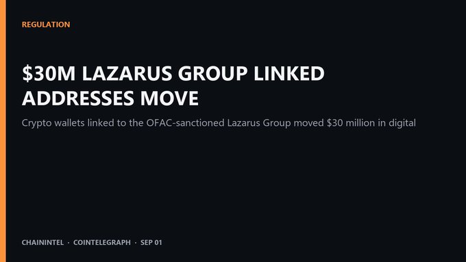 A dark news article header reading '$30M LAZARUS GROUP LINKED ADDRESSES MOVE' under a 'REGULATION' tag, with a Cointelegraph byline from Sep 01.