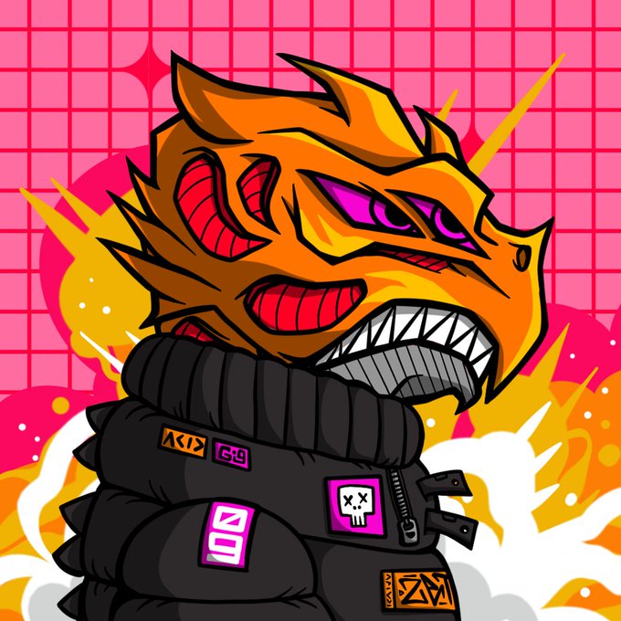 A vibrant cartoon illustration of a spiky, orange dragon-like creature with glowing purple eyes and sharp teeth, wearing a black puffer jacket with skull and geometric patches, set against a bright pink and yellow background.