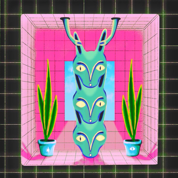 A vibrant, surreal digital artwork featuring three stacked blue stylized animal heads hanging from the ceiling within a pink tiled alcove, flanked by potted plants.