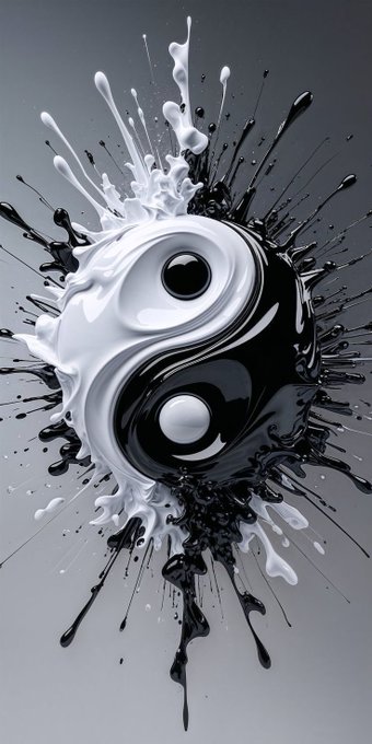 A 3D artistic rendering of a black and white yin-yang symbol made of splashing liquid.