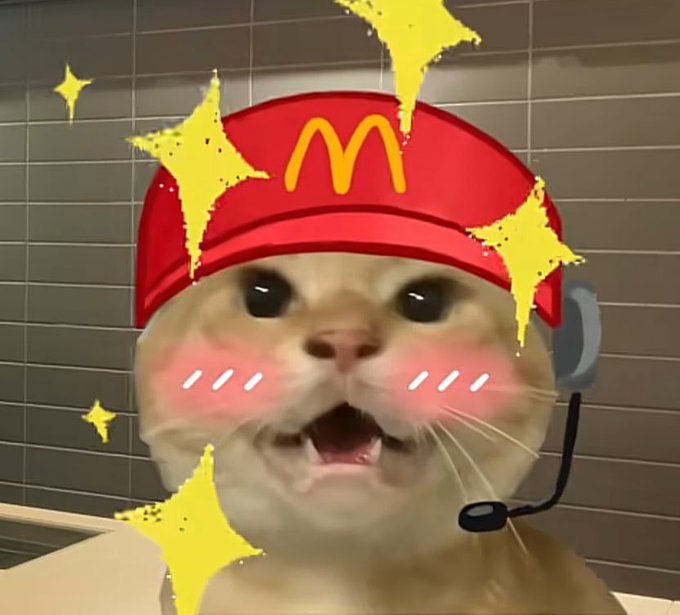 A viral meme image of a cat with a shocked expression, edited with a red McDonald's hat featuring the golden arches logo, a headset microphone, and yellow sparkle graphics around it.