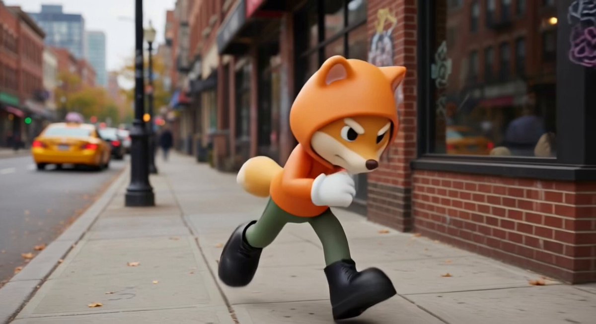 The image features a cartoon dog character with an orange hood, dressed in black boots and running down a city street. The caption for the image reads "$DOG", which is likely related to the main subject of the photo or part of a larger story involving the cartoon dog character.