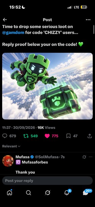 A social media post promoting a code 'CHIZZY' for @gamdom, featuring a green robot-like character with a loot crate, posted by user @SoiMufasa.