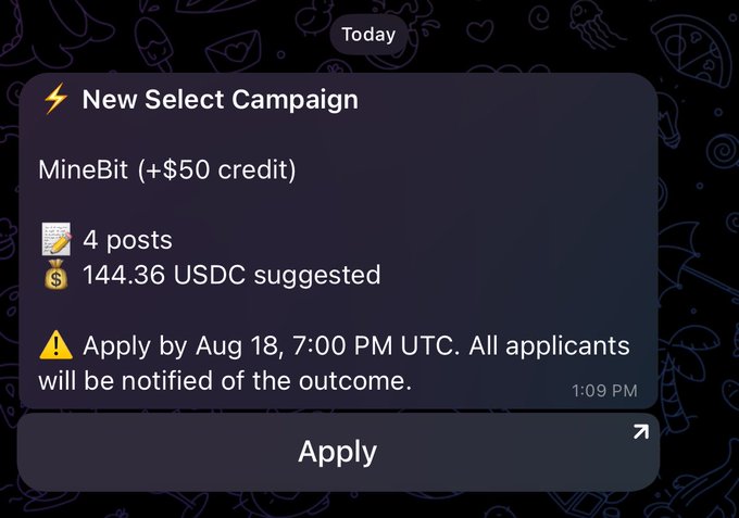 A notification card titled 'New Select Campaign' for 'MineBit' offering '+$50 credit' for 4 posts with '144.36 USDC suggested', with an 'Apply' button and a deadline of 'Aug 18, 7:00 PM UTC'.