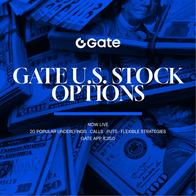 A promotional graphic from Gate announcing the launch of U.S. Stock Options, overlaid on stacks of $100 bills, with text reading "Gate U.S. Stock Options — Now Live, 20 Popular Underlylings · Calls · Puts · Flexible Strategies, Gate App 8.35.0," visually reinforcing the accompanying post's offer of zero platform fees and commissions on options trading for major stocks like NVDA, TSLA, AAPL, and others.
