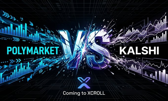 The image features two markets, labeled "Polymarket" and "Kalshi", with different sets of graphs representing their respective values. The text in the image emphasizes that these markets will be competing against each other soon, possibly during XCROLL, a competition dedicated to studying market trends and making predictions based on them. While the text indicates both markets are competing, it highlights how one market is likely to have its signal (like positive or negative graphs) while the other might face noise from random fluctuations in values due to unpredictable factors such as unexpected events like wars or natural disasters. This competition showcases how data analysis and prediction can be used for strategic decision making in various fields.