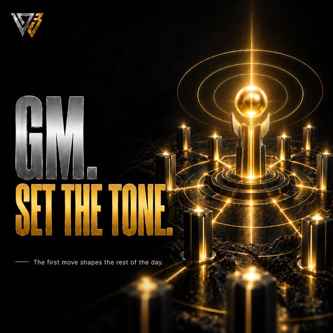The image features a striking black and gold design with a glowing golden chess-like piece emitting radiant light beams, alongside bold text reading "GM. SET THE TONE." and the tagline "The first move shapes the rest of the day," which reinforces the post's message about leadership and initiative. A "GM CT" logo appears in the top left corner, tying the visual to the post's focus on setting the tone for a productive day.