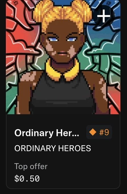 A digital NFT artwork showing a pixelated character with blonde pigtails against a stained-glass background, titled 'Ordinary Her...' (Ordinary Heroes #9) with a top offer of $0.50.
