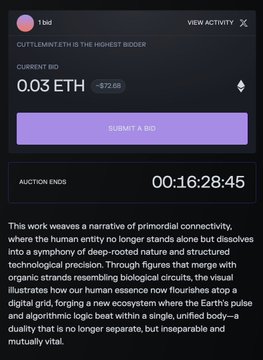 An NFT auction screen showing a current bid of 0.03 ETH on a piece titled 'CUTTLEMITH IS THE HIGHEST BIDDER,' with a description about weaving primordial connectivity through natural and digital elements.