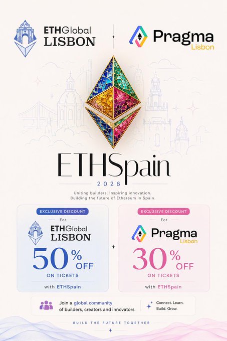 A promotional poster for 'ETHSpain 2026' offering exclusive discounts—50% off tickets for ETHGlobal Lisbon and 30% off tickets for Pragma Lisbon—with colorful Ethereum-themed diamond graphics.