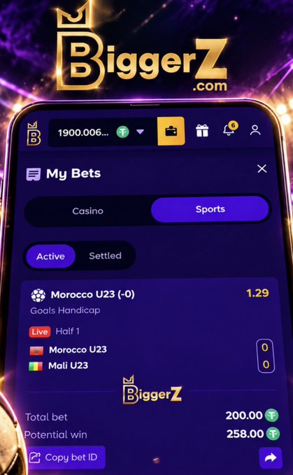 A mobile screenshot of the BiggerZ.com sports betting app showing an active 'My Bets' screen with a live wager on Morocco U23 vs Mali U23, totaling 200.00 with a potential win of 258.00.