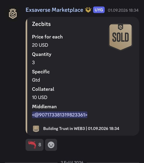 The image shows an "Exsaverse Marketplace" listing on UYG dated 01.09.2026 18:34 for 3 "Zecbits" priced at 20 USD each (marked SOLD) with a 10 USD collateral and middleman @907173381319823361. This relates to the post by highlighting the seller's puzzling decision to part with the network's first low-supply NFT at just $20 after only a $10 deposit, questioning the rush to sell such a rare asset.