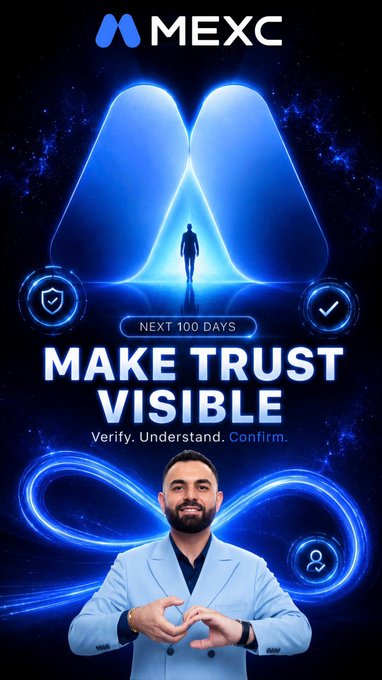 A promotional graphic for the MEXC exchange featuring a man in a blue suit, with text reading "NEXT 100 DAYS MAKE TRUST VISIBLE Verify. Understand. Confirm."