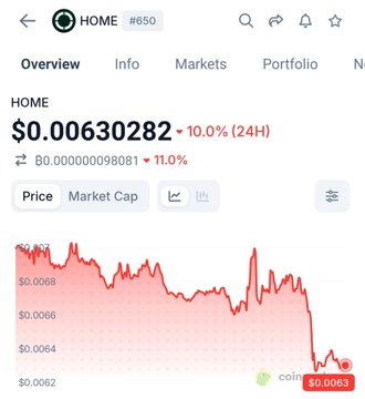 A cryptocurrency tracker screen showing 'HOME' token priced at $0.00630282, down 10.0% over 24 hours, with a price chart indicating a sharp decline.