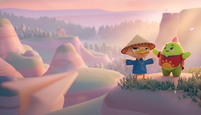 The image features two cartoon characters, a green monster (possibly a dragon) wearing a red shirt with a backpack, and another character dressed as a bird with a hat. The characters are standing together on top of a mountain or cliff overlooking a valley below.
