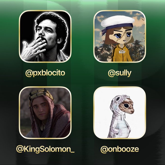 A green-background grid displays four user profile icons in rounded squares: a black-and-white photo of a man smoking labeled "@pxblocito," an animated character in a white cap and yellow shirt labeled "@sully," a photo of a man wearing a keffiyeh labeled "@KingSolomon_," and an alien illustration labeled "@onbooze." The accompanying post announces these as new users "joining the Pumpfun app," with the handles largely matching those shown.