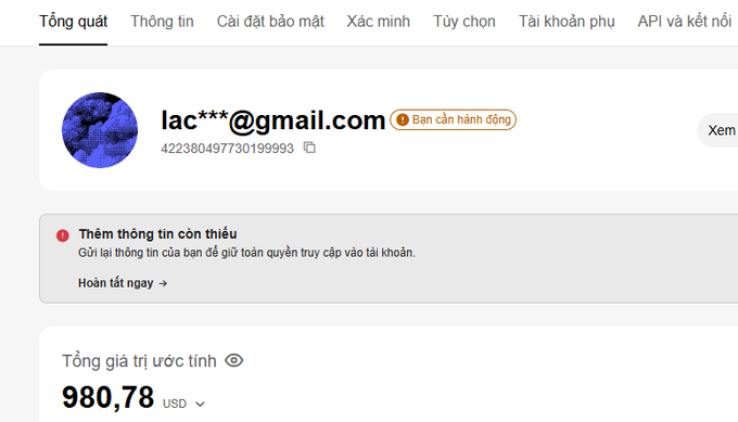 A Vietnamese-language account overview page (Binance) for user 'lac***@gmail.com' showing an estimated total balance of 980.78 USD and a notice that additional information is needed.