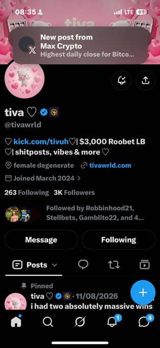 A screenshot of the 'tiva' Twitter/X profile (@tivawrld) displaying a notification 'New post from Max Crypto - Highest daily close for Bitco...', with bio mentioning '$3,000 Roobet LB', 'shitsposts, vibes & more', and 'female degenerate'.