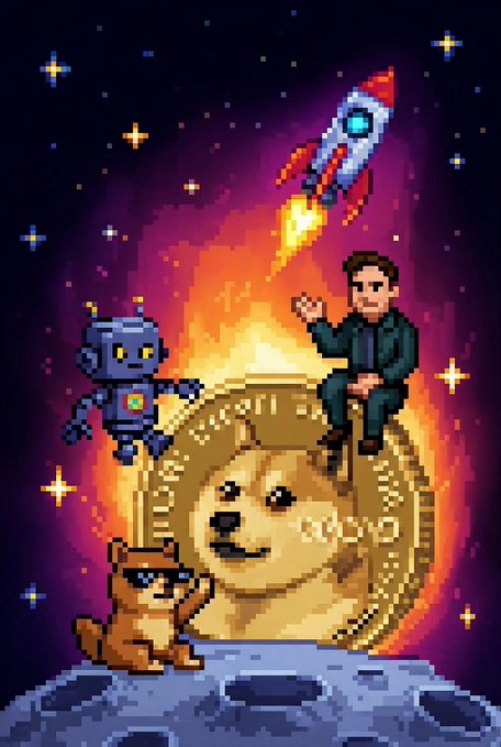 Pixel art illustration of a man in a suit sitting on a giant Dogecoin coin on a moon, waving, with a rocket ship launching behind him, a small robot, and a dog wearing sunglasses in the foreground.